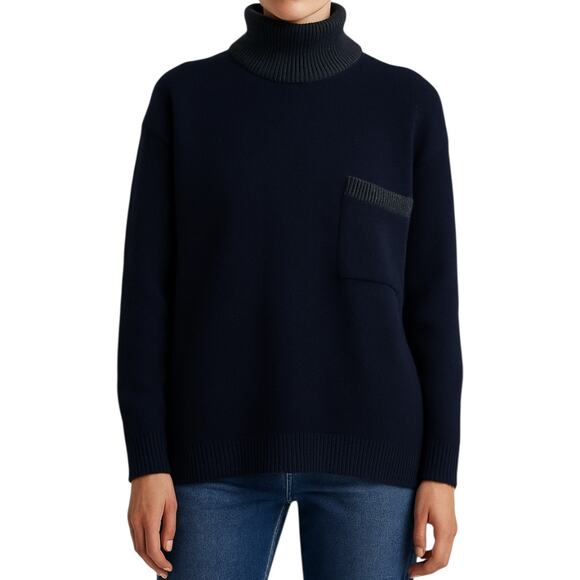 Christian Dior Turtleneck Merino Wool Sweater Chest Pocket Ribbed Trim Navy S